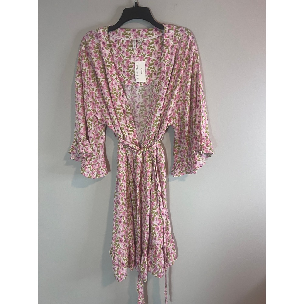 Live Well Sleep Womens Pink Floral Ruffle Trim Wrap Robe Size Medium NWT